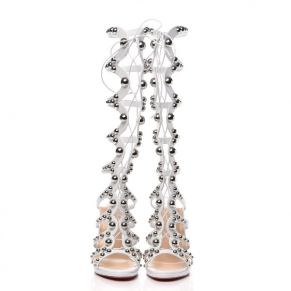 Christian Louboutin Amazoutiful 120 Lace Up Sandals Latte/Sliver - Picture 4 of 8